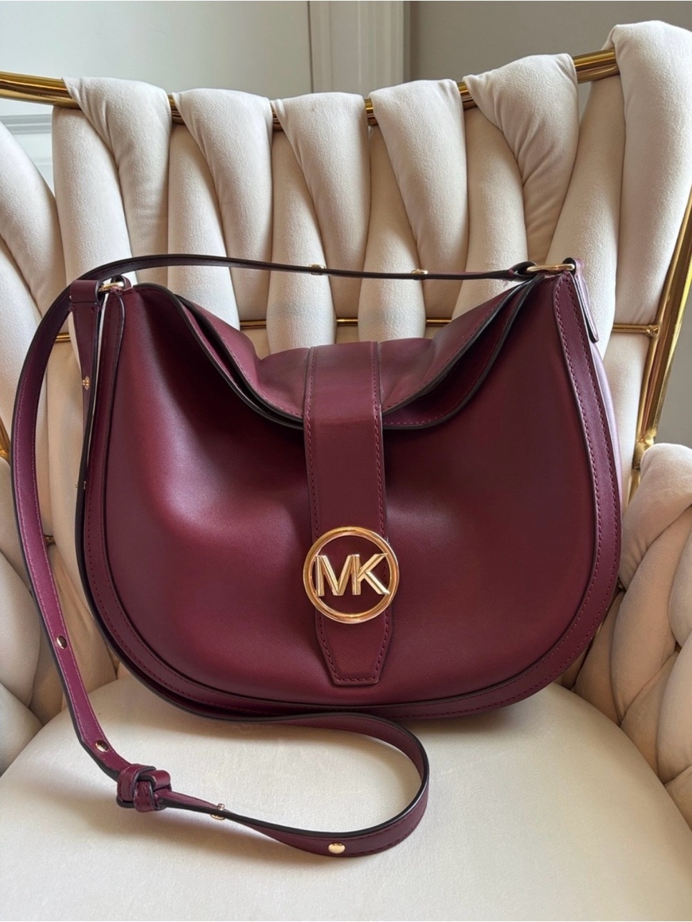 Michael Kors Gabby Maroon Leather Saddle Bag with Gold MK Emblem
